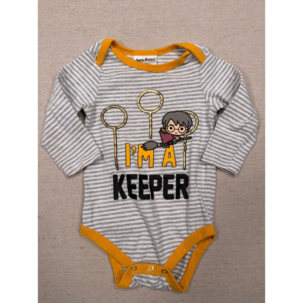 Harry Potter Baby Bodysuit 12M Grey Striped I'm A Keeper Long Sleeve Quidditch